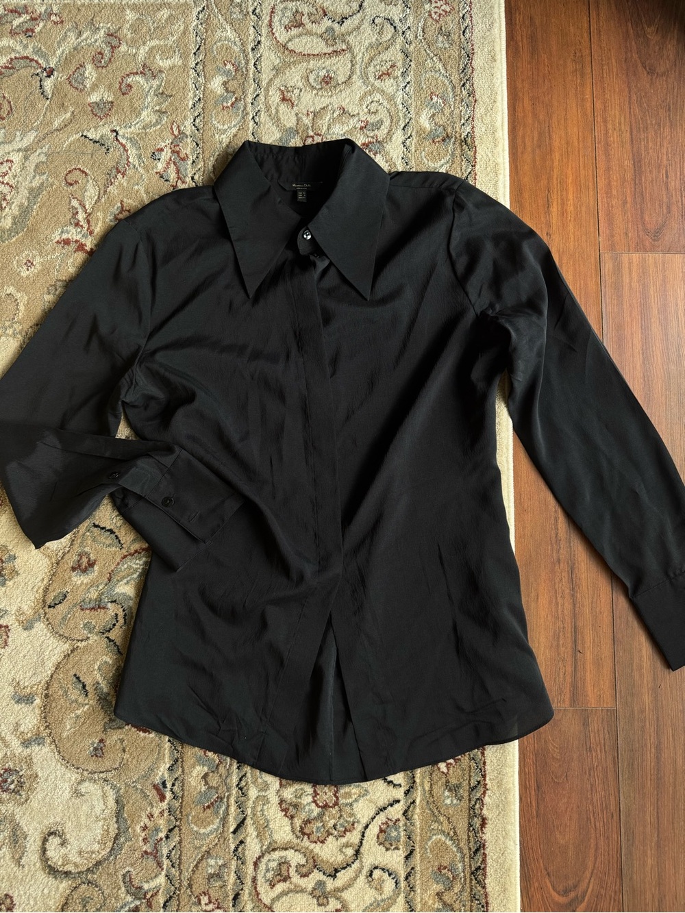 Like New Massimo Dutti Silk Black Long-Sleeve Button-Up Classic Shirt